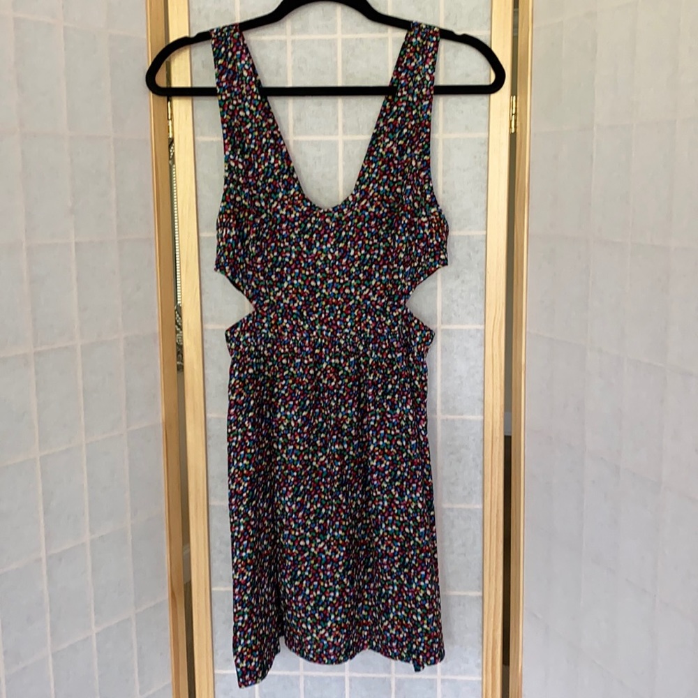 Black Multicolor Print Dress w/Side Cutouts